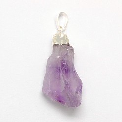 Amethyst Natural Raw Rough Gemstone Amethyst Pendants, with Silver Color Plated Brass Findings, Irregular Nuggets, 28~45x15~17x12~16mm, Hole: 8x5mm