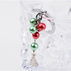 Colorful Glass Pearl Bead Keychain, with Alloy Findings for Christmas, Colorful, 100mm