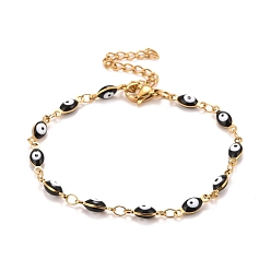 Black Enamel Horse Eye Link Chains Bracelet, Vacuum Plating 304 Stainless Steel Jewelry for Women, Golden, Black, 6-3/4 inch(17.1cm)