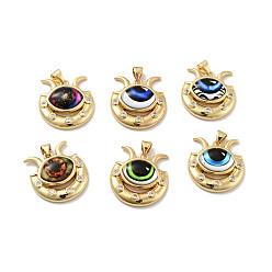 Mixed Color Eye with Moon Brass Micro Pave Clear Cubic Zirconia Pendants, with Resin Eyeball, Cadmium Free & Nickel Free & Lead Free, Real 18K Gold Plated, Mixed Color, 23x22x7mm, Hole: 3.6x4.3mm