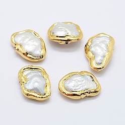 White Natural Cultured Freshwater Pearl Beads, Edge Golden Plated, Nuggets, White, 10~16x18~24x4~6mm, Hole: 0.5mm