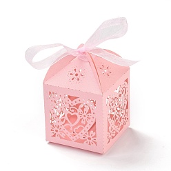 Pink Laser Cut Paper Hollow Out Heart & Flowers Candy Boxes, Square with Ribbon, for Wedding Baby Shower Party Favor Gift Packaging, Pink, 5x5x7.6cm