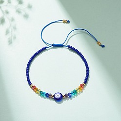 Синий Браслет лэмпворк сглаз и стеклянные бусины, плетеный регулируемый браслет для женщин, синие, внутренний диаметр: 2-1/2~3-7/8 дюйм (6.2~9.7 см)