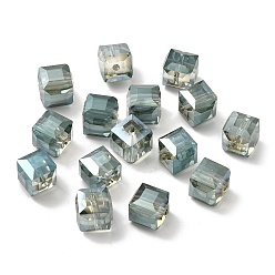 Dark Sea Green Electorplated Glass Beads, Rainbow Plated, Faceted, Cube, Dark Sea Green, 10~11x10~11x10~11mm, Hole: 1mm