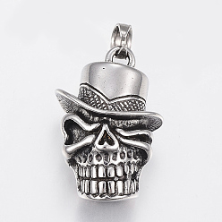 Antique Silver 304 Stainless Steel Pendants, Skull Head, Antique Silver, 35.5x24x15mm, Hole: 6mm