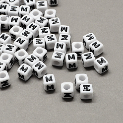 Letter M Large Hole Acrylic Letter European Beads, Horizontal Hole, White & Black, Cube with Letter.M, 6x6x6mm, Hole: 4mm, about 2950pcs/500g