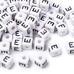 Letter E Lettre acrylique européenne perles, trou horizontal, cube, letter.e, 10x10x10mm, Trou: 3.5~4mm, environ598 pcs / 500 g