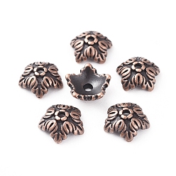 Red Copper Tibetan Style Bead Caps, Cadmium Free & Nickel Free & Lead Free, 5-Petal, Flower, Red Copper, 10x4mm, Hole: 1mm