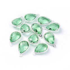 Vert Clair Pendentifs en verre, avec des découvertes de berzel à dos ouvert en alliage écologique, facette, larme, couleur argent plaqué, vert clair, 18x12x5mm, Trou: 1.4mm