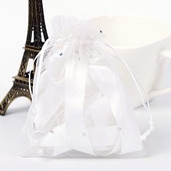 White Rectangle Organza Bags with Glitter Sequins, Gift Bags, White, 12x10cm