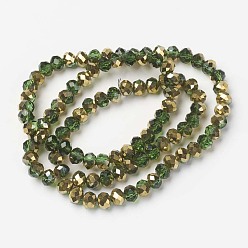 Green Electroplate Transparent Glass Beads Strands, Half Golden Plated, Faceted, Rondelle, Green, 3x2mm, Hole: 0.8mm, about 150~155pcs/strand, 15~16 inch(38~40cm)