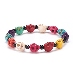 Colorful Natural Mashan Jade Skull & Synthetic Turquoise(Dyed) Beaded Stretch Bracelet, Gemstone Jewelry for Women, Colorful, Inner Diameter: 2-1/8 inch(5.5cm)