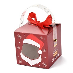 Santa Claus Christmas Folding Gift Boxes, with Transparent Window and Ribbon, Gift Wrapping Bags, for Presents Candies Cookies, Santa Claus, 9x9x15cm