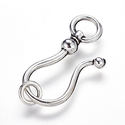 Antique Silver Tibetan Style S Hook Clasps, Cadmium Free & Lead Free, Antique Silver, S Hook: 38x16x8mm, Ring: 8mm, Hole: 5mm
