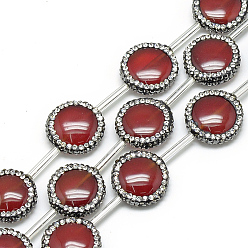 Dark Red Natural Agate Rhinestone Beads, Dyed, Flat Round, Dark Red, 17~18x6mm, Hole: 1mm