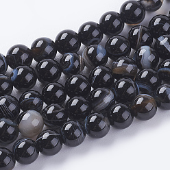 Black Round Dyed Natural Striped Agate/Banded Agate Beads Strands, Black, 6mm, Hole: 1mm, about 62pcs/strand, 14.8 inch