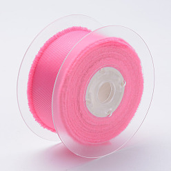 Hot Pink Polyester Frayed Grosgrain Ribbons, Printed, with Fringe Tassel, Hot Pink, 5/8 inch(16mm), about 50yards/roll(45.72m/roll)