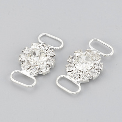 Silver Brass Rhinestone Multi-Stone Links connectors, with Acrylic Rhinestone, Flat Round, Silver Color Plated, 28x15.5x6mm, Hole: 4x9.5mm