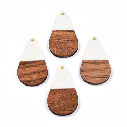 White Opaque Resin & Walnut Wood Pendants, Teardrop Shape Charm, White, 38x22x3mm, Hole: 2mm