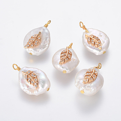 Clear Natural Cultured Freshwater Pearl Pendants, with Brass Micro Pave Cubic Zirconia Findings, Nuggets with Leaf, Golden, Clear, 18~24x13~15x8~10mm, Hole: 1.8mm