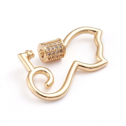 Real 18K Gold Plated Brass Micro Pave Clear Cubic Zirconia Screw Carabiner Lock Charms, for Necklaces Making, Cat Shape, Real 18K Gold Plated, 28x19x2mm, Screw: 6x5.5mm