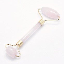 Rose Quartz Natural Rose Quartz Brass Face Massager, Facial Rollers, Golden, 142~150x54~58x19~22mm