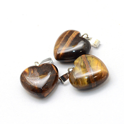Tiger Eye Heart Natural Tiger Eye Pendants, with Platinum Tone Brass Findings, 17~19x15~16x5~8mm, Hole: 2x7mm