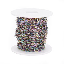 Rainbow Color Ion Plating(IP) 304 Stainless Steel Cable Chains, with Spool, Unwelded, Flat Oval, Rainbow Color, 4mm, about 32.8 Feet(10m)/roll