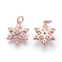 Real Rose Gold Plated Brass Micro Pave Cubic Zirconia Pendants, Lead Free & Cadmium Free & Nickel Free, Snowflake, Real Rose Gold Plated, 13x17x4mm, Hole: 3mm