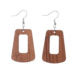 Saddle Brown Wood Dangle Earrings, with  Brass Earing Hooks, Trapezoid, Saddle Brown, 59mm, Pin: 0.6mm