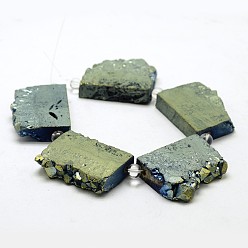 Green Plated Electroplated Natural Druzy Crystal Beads Strands, Flat Slab Beads, Nuggets, Dyed, Green Plated, 35~37x23~42x8~9mm, Hole: 2~2.5mm, about 5pcs/strand, 8.07 inch~8.26 inch (20.5~21cm)