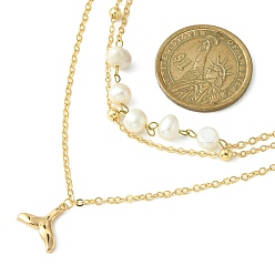 Real 18K Gold Plated 3 Layered Necklaces, with Natural Pearl, Brass Chains and Pendants, Whale Tail Shape, White, Real 18K Gold Plated, 14.17 inch(36cm)