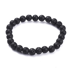 Lave Bracelets extensibles en perles de lave naturelle, ronde, diamètre intérieur: 2-1/4 pouce (5.8 cm), perle: 8.5 mm