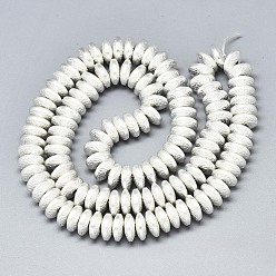 Silver Plated Electroplate Non-magnetic Synthetic Hematite Beads Strands, Matte Style, Bumpy, Disc, Silver Plated, 8x3mm, Hole: 1.4mm, about 120~122pcs/strand, 15.75 inch(40cm)