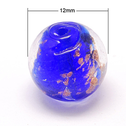 Blue Handmade Gold Sand Lampwork Beads, Round, Blue, 12mm, Hole: 1mm