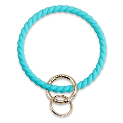 Cyan Silicone Bangle Keychian, with Alloy Spring Gate Ring, Golden, Cyan, 14x8.7cm
