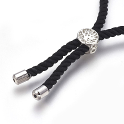 Black Cotton Cord Bracelet Making, with Brass Findings, Flat Round with Tree of Life, Black, 8-5/8 inch(22cm), Hole: 2mm