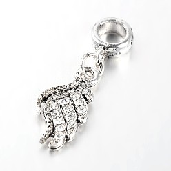 Crystal Antique Silver Tone Large Hole Alloy Rhinestone European Dangle Charms, with Wing Pendants, Crystal, 32mm, Hole: 5mm