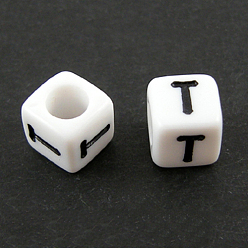 Letter T Lettre acrylique européenne perles, trou horizontal, cube, letter.t, 10x10x10mm, Trou: 3.5~4mm, environ598 pcs / 500 g