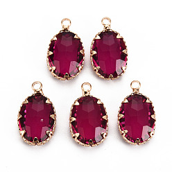 Medium Violet Red Transparent Glass Pendants, with Brass Prong Settings, Faceted, Oval, Light Gold, Medium Violet Red, 19x11x5.5mm, Hole: 1.6mm