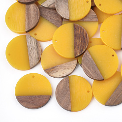 Gold Resin & Walnut Wood Pendants, Flat Round, Gold, 28.5x3.5~4mm, Hole: 1.5mm