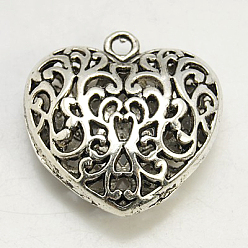 Antique Silver Alloy Pendants, Lead Free & Cadmium Free & Nickel Free, Heart, Antique Silver, Size: about 35mm long, 34.5mm wide, 11mm thick, hole: 3.5mm