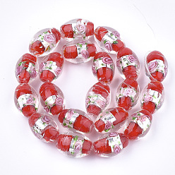 Red Handmade Silver Foil Glass Lampwork Beads, Oval with Flower, Red, 16~17x9~11mm, Hole: 1.5~2mm