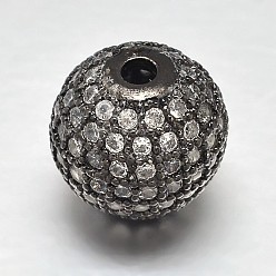 Gunmetal Round Brass Micro Pave Cubic Zirconia Beads, Clear, Gunmetal, 6mm, Hole: 1.8mm