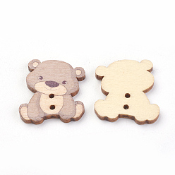 (52) Непрозрачная лаванда 2 отверстия печатных деревянные кнопки, медведь, разноцветные, 27.5x23.5x2.5 мм, отверстие : 2 мм