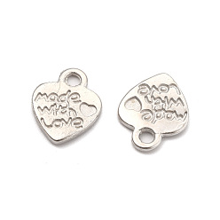 Platinum Tibetan Style Alloy Pendants, Cadmium Free & Nickel Free & Lead Free, Valentine's Day, Heart with Made with Love, Platinum, 12.2x10x1.8mm, Hole: 2mm