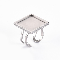 Stainless Steel Color 201 Stainless Steel Cuff Pad Ring Settings, Laser Cut, Square, Stainless Steel Color, Tray: 18x18mm, US Size 7 1/4(17.5)~US Size 8(18mm)