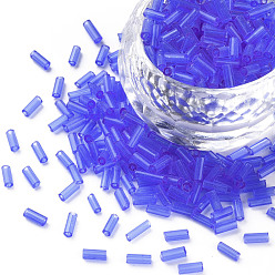 Blue Transparent Glass Bugle Beads, Round Hole, Blue, 3~8x2mm, Hole: 0.7mm, about 450g/pound