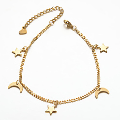 Golden 304 Stainless Steel Moon & Star Charm Bracelets, with Lobster Claw Clasps and Extender Chains with Heart Charm, Faceted, Golden, 7-7/8 inch(200mm)