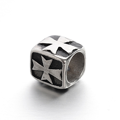 Antique Silver Retro Smooth 304 Stainless Steel Large Hole Cube Beads with Cross, Antique Silver, 11.5x11.5x11.5mm, Hole: 8.5mm